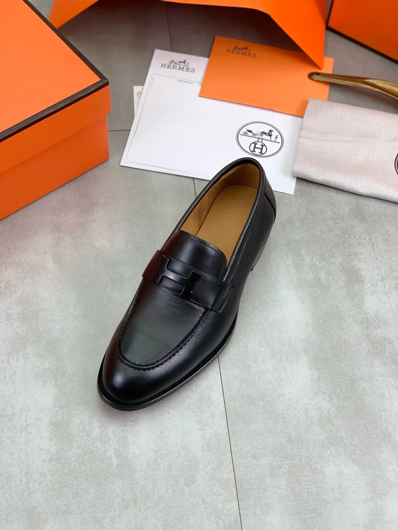 Hermès H Loafer Black Leather Tan Lining Loafers 2