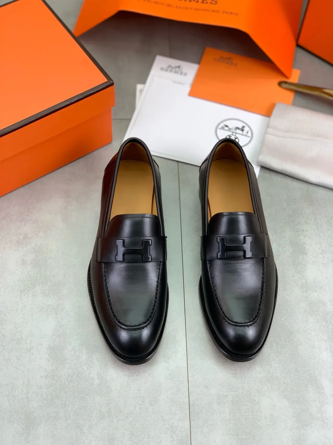 Hermès H Loafer Black Leather Tan Lining Loafers 5