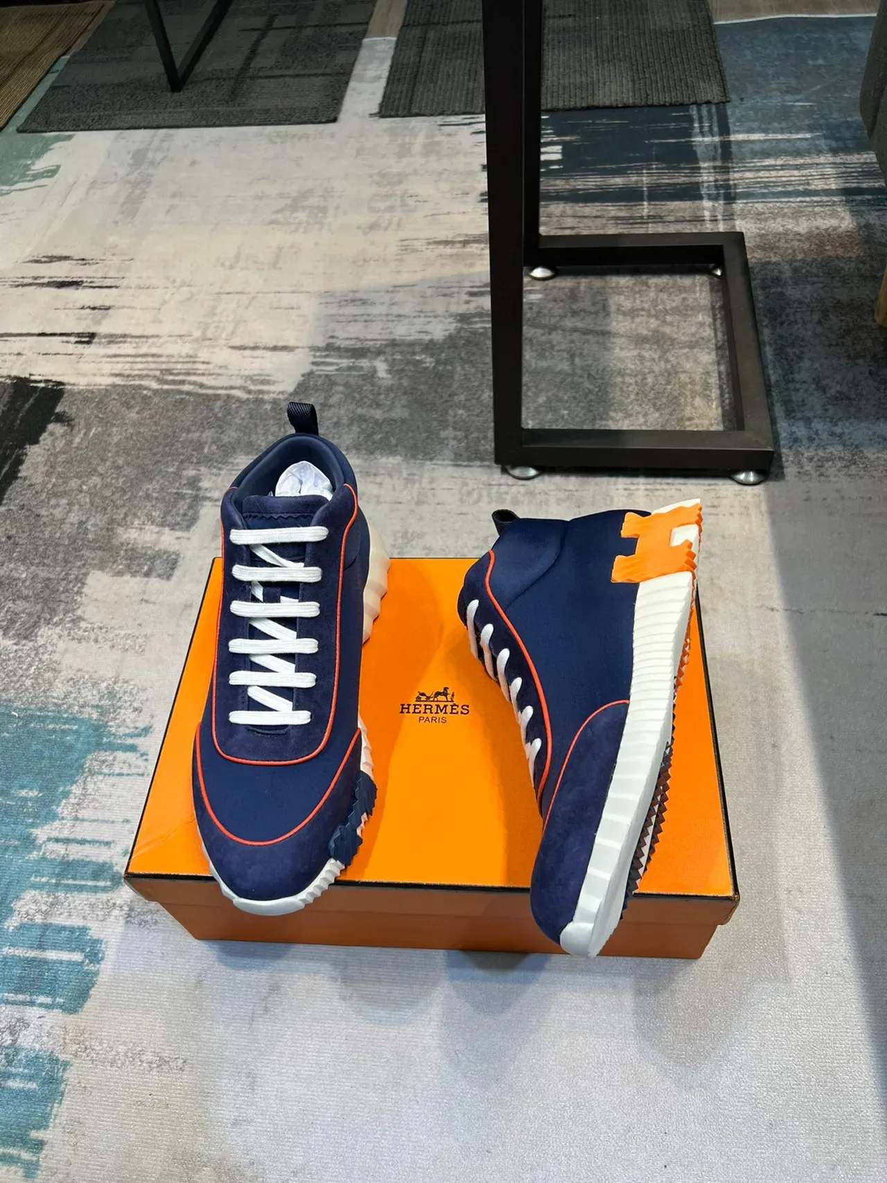 Tênis Lifestyle Hermès Hiker Navy e Orange High-Top 2