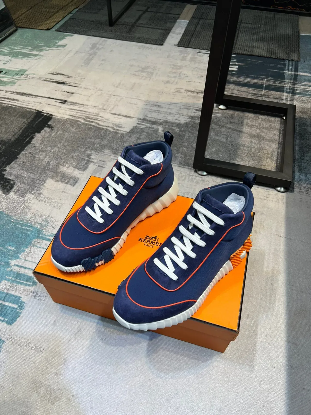 Tênis Lifestyle Hermès Hiker Navy e Orange High-Top 5