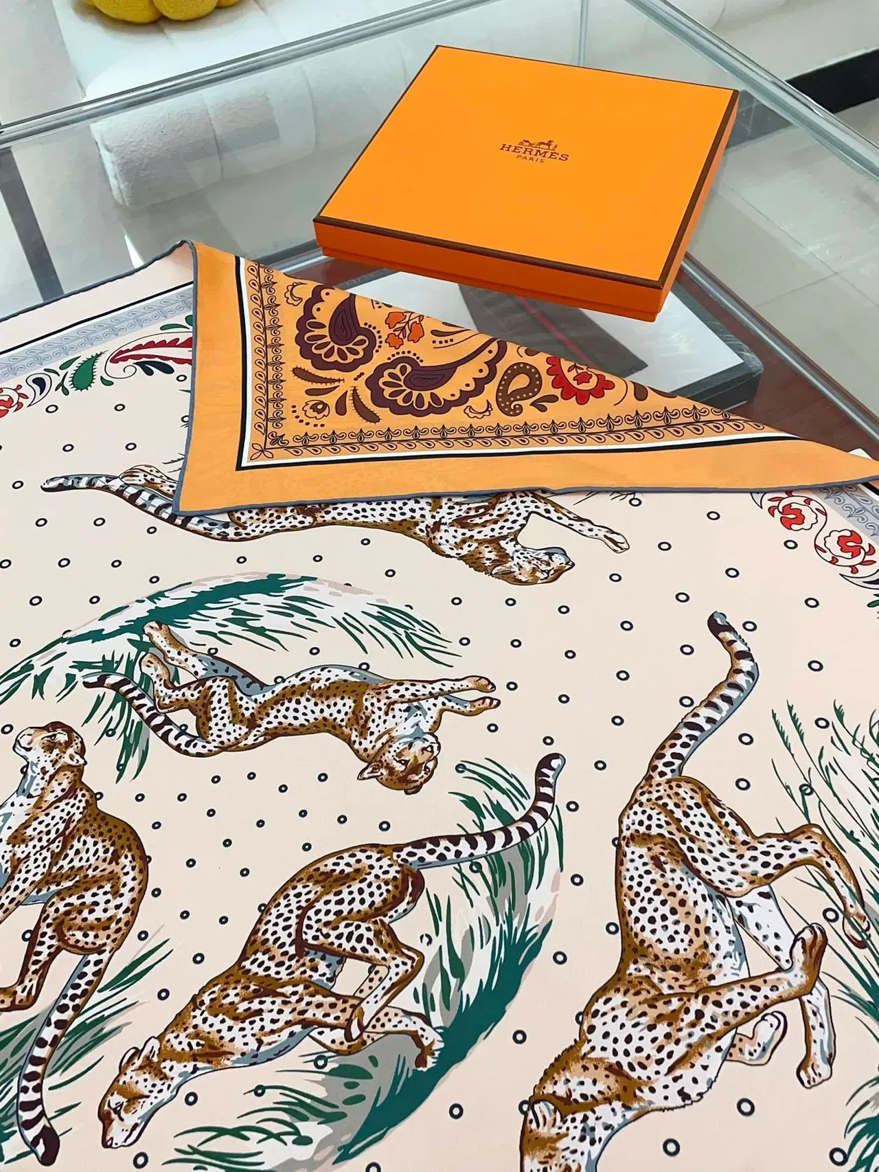 Hermès Leopard and Paisley Print Beige Silk Scarf 7