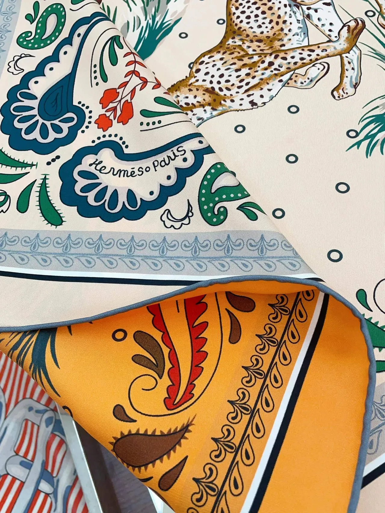 Hermès Leopard and Paisley Print Beige Silk Scarf 8