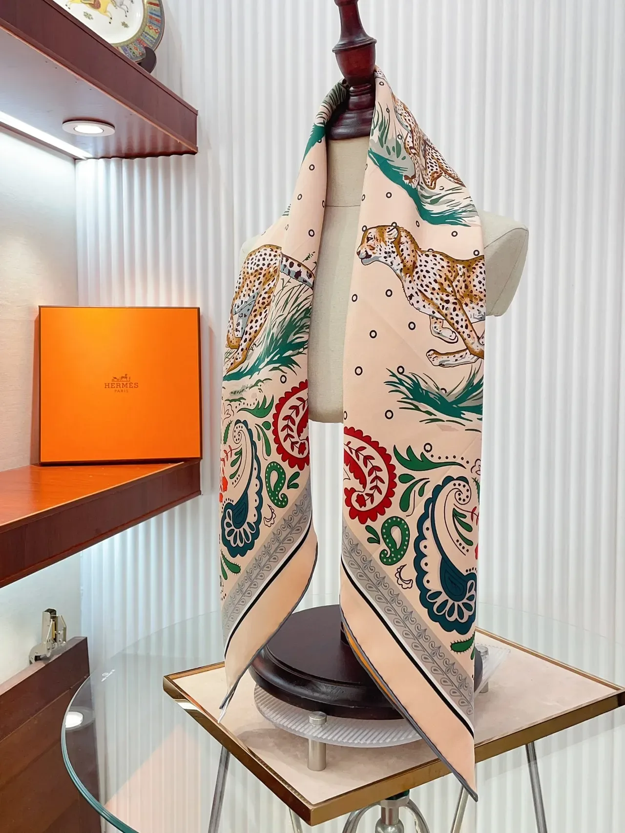 Hermès Leopard and Paisley Print Beige Silk Scarf 9