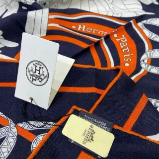 Hermès Navy Orange Striped White Line-Art Motif Cashmere Scarf