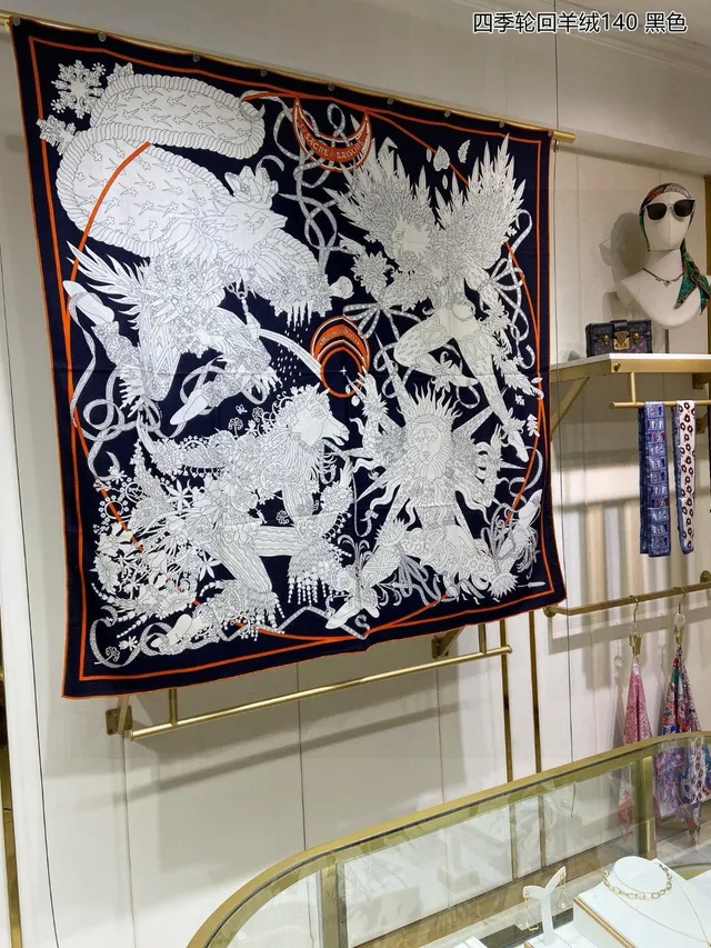 Hermès Écharpe cachemire motif line-art rayé navy orange blanc 4