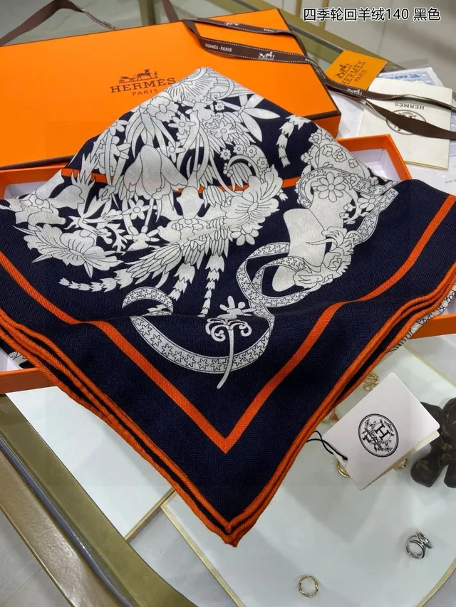 Hermès Écharpe cachemire motif line-art rayé navy orange blanc 5
