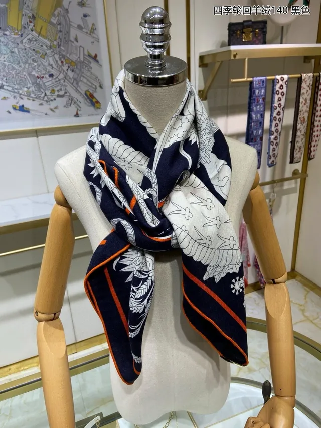 Hermès Écharpe cachemire motif line-art rayé navy orange blanc 6