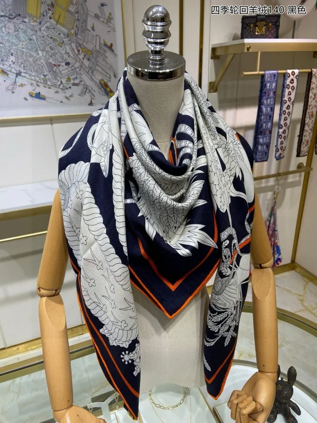 Hermès Écharpe cachemire motif line-art rayé navy orange blanc 7