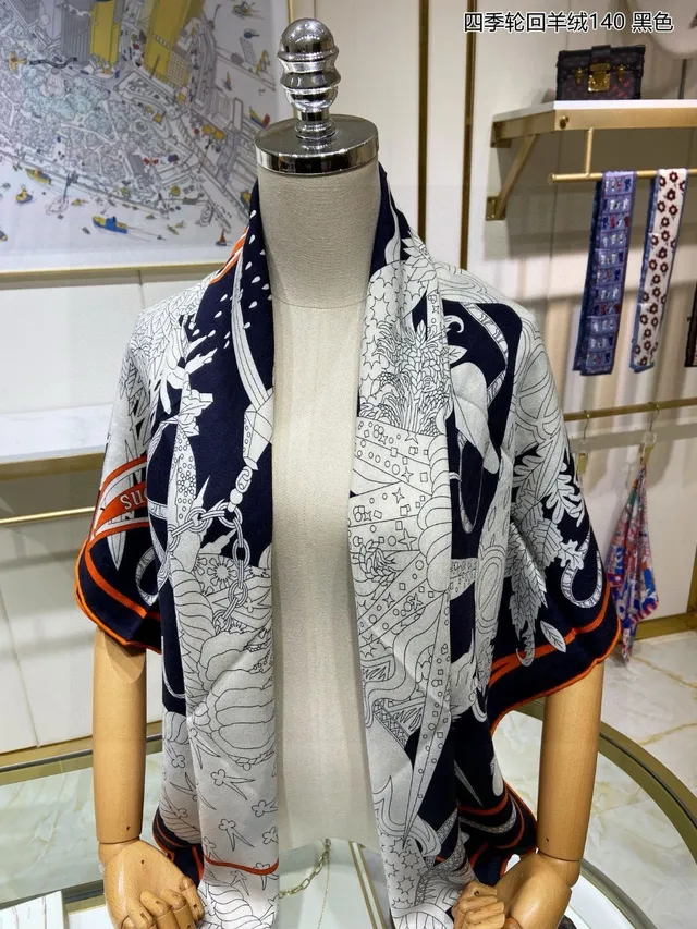 Hermès Écharpe cachemire motif line-art rayé navy orange blanc 8
