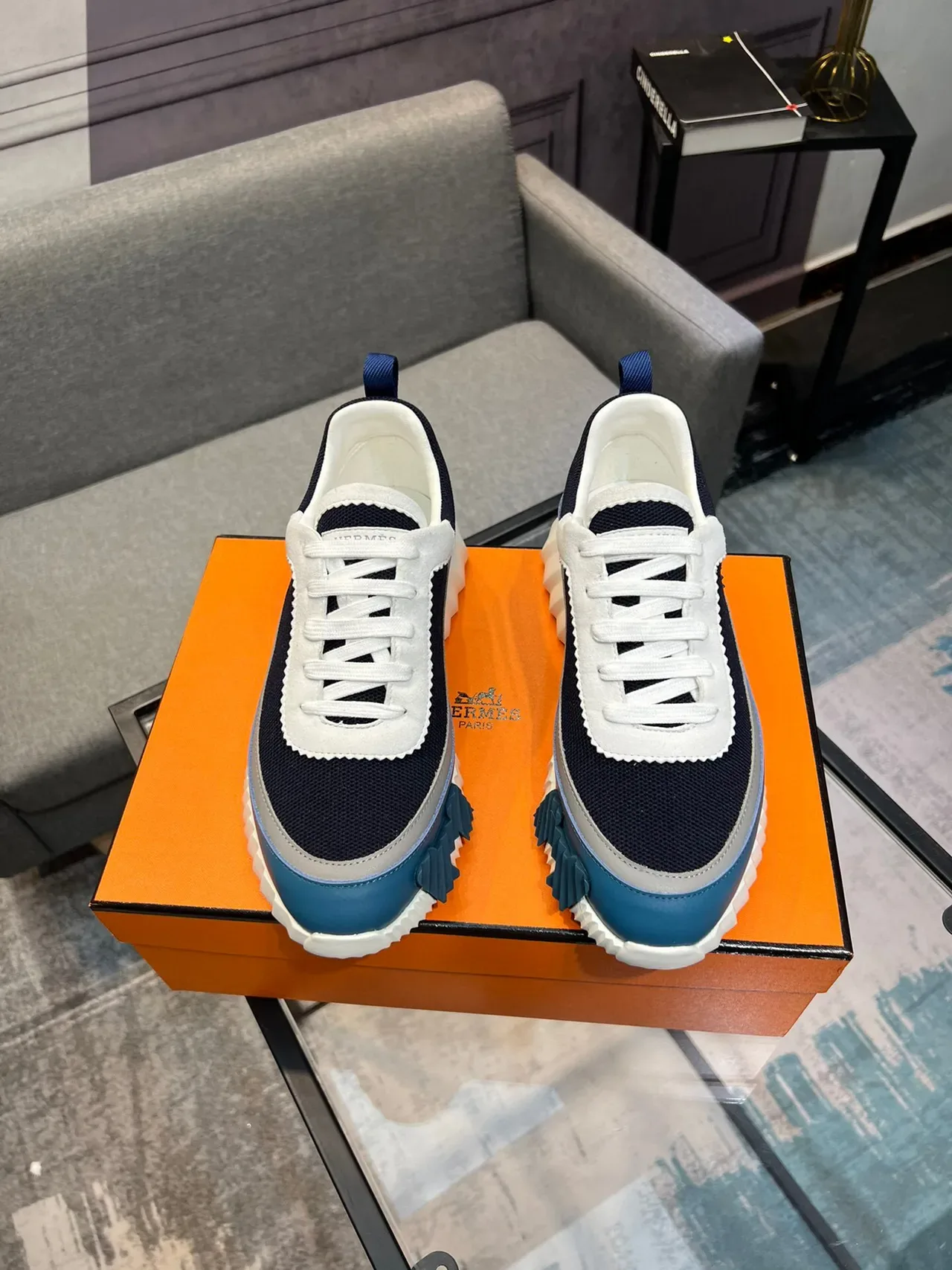 Hermès Navy White Mesh Upper Serrated Overlay Chunky Sneakers 2