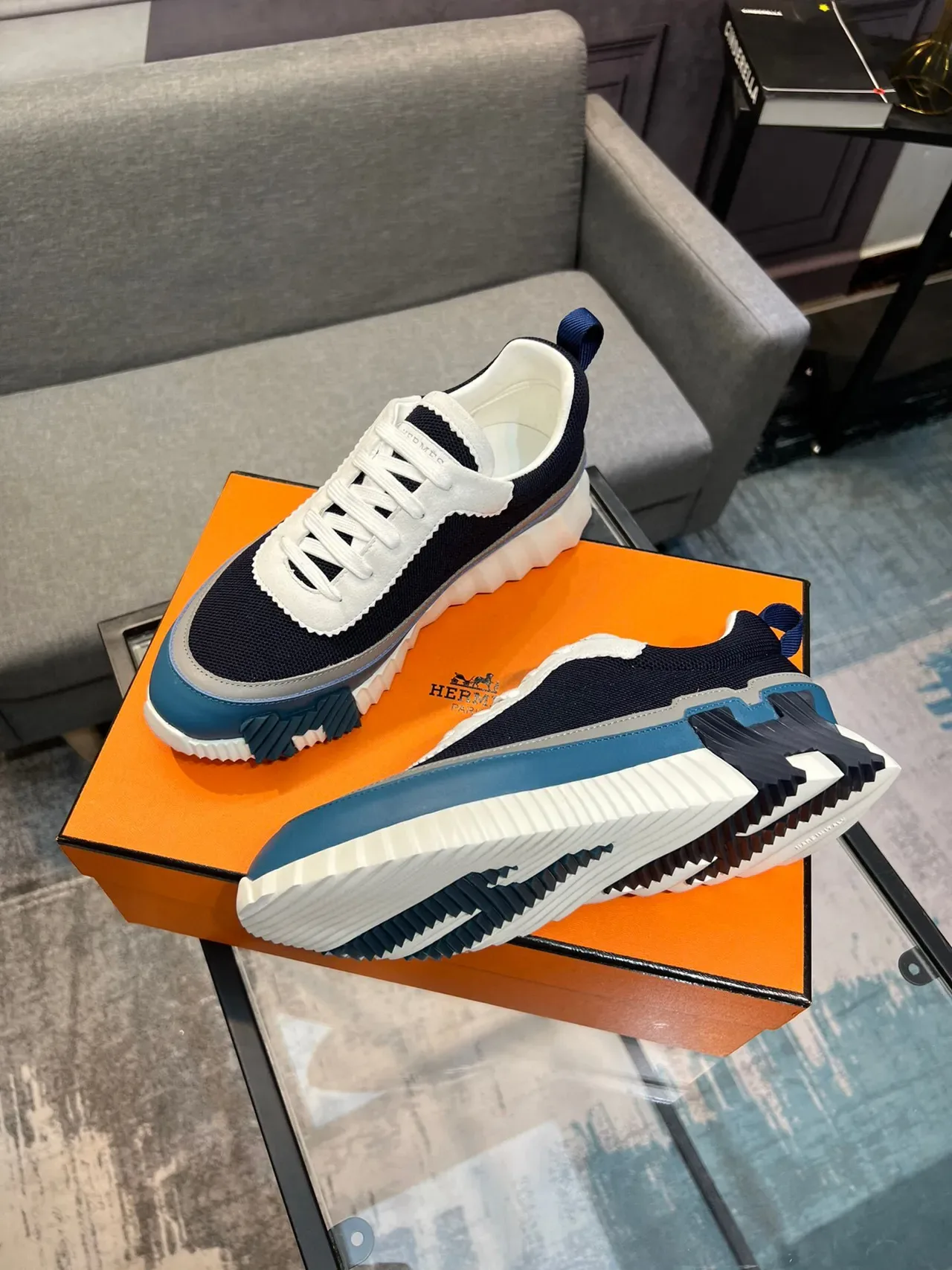 Hermès Navy White Mesh Upper Serrated Overlay Chunky Sneakers 3
