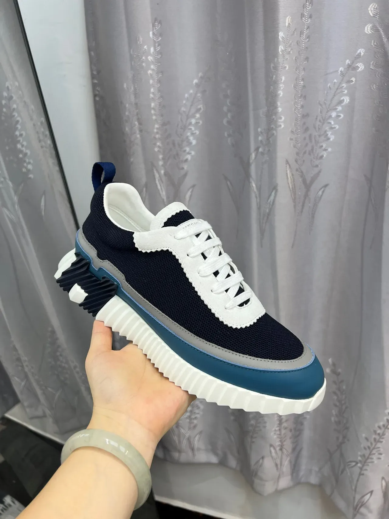 Hermès Navy White Mesh Upper Serrated Overlay Chunky Sneakers 5