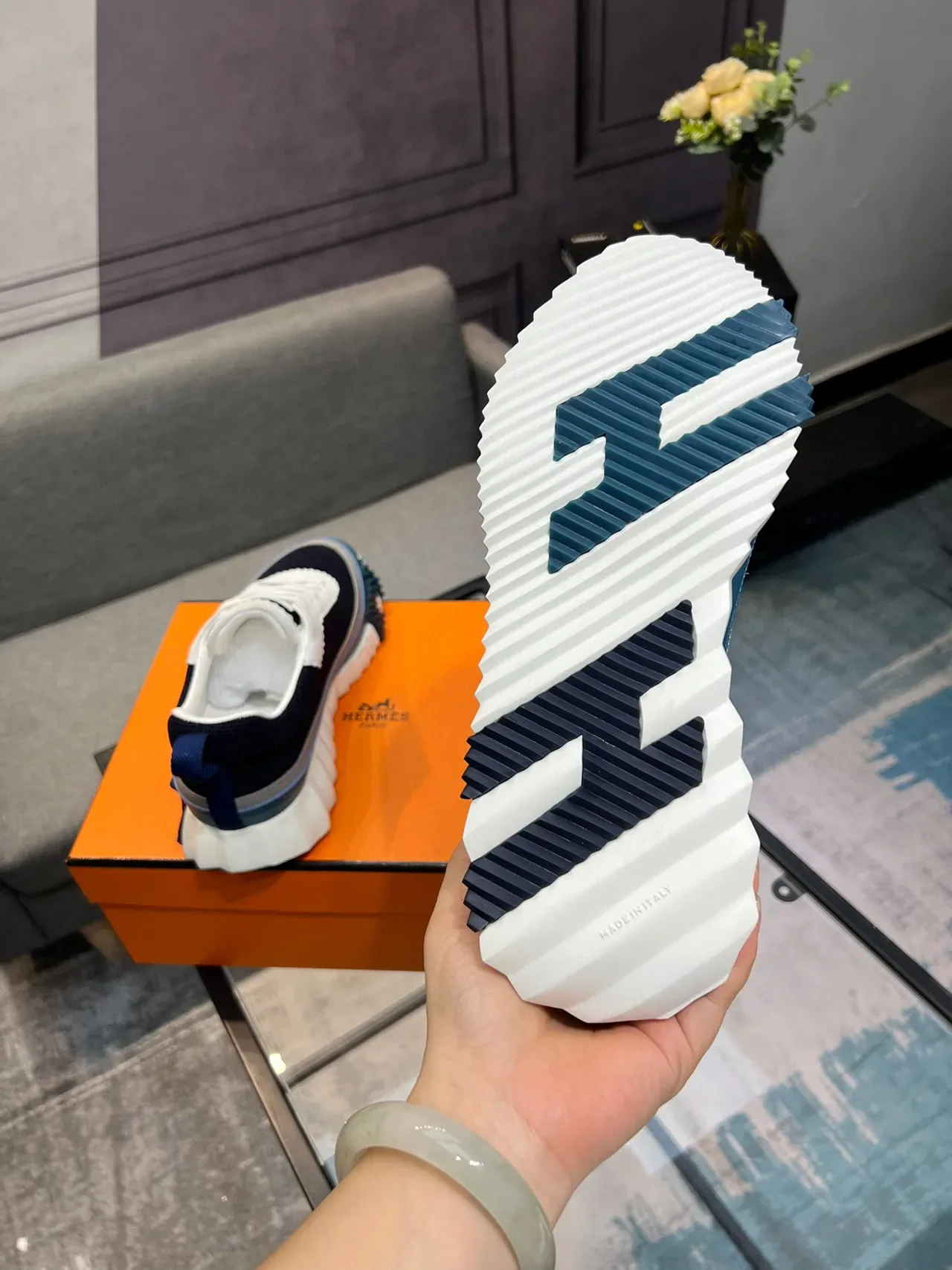 Hermès Navy White Mesh Upper Serrated Overlay Chunky Sneakers 6