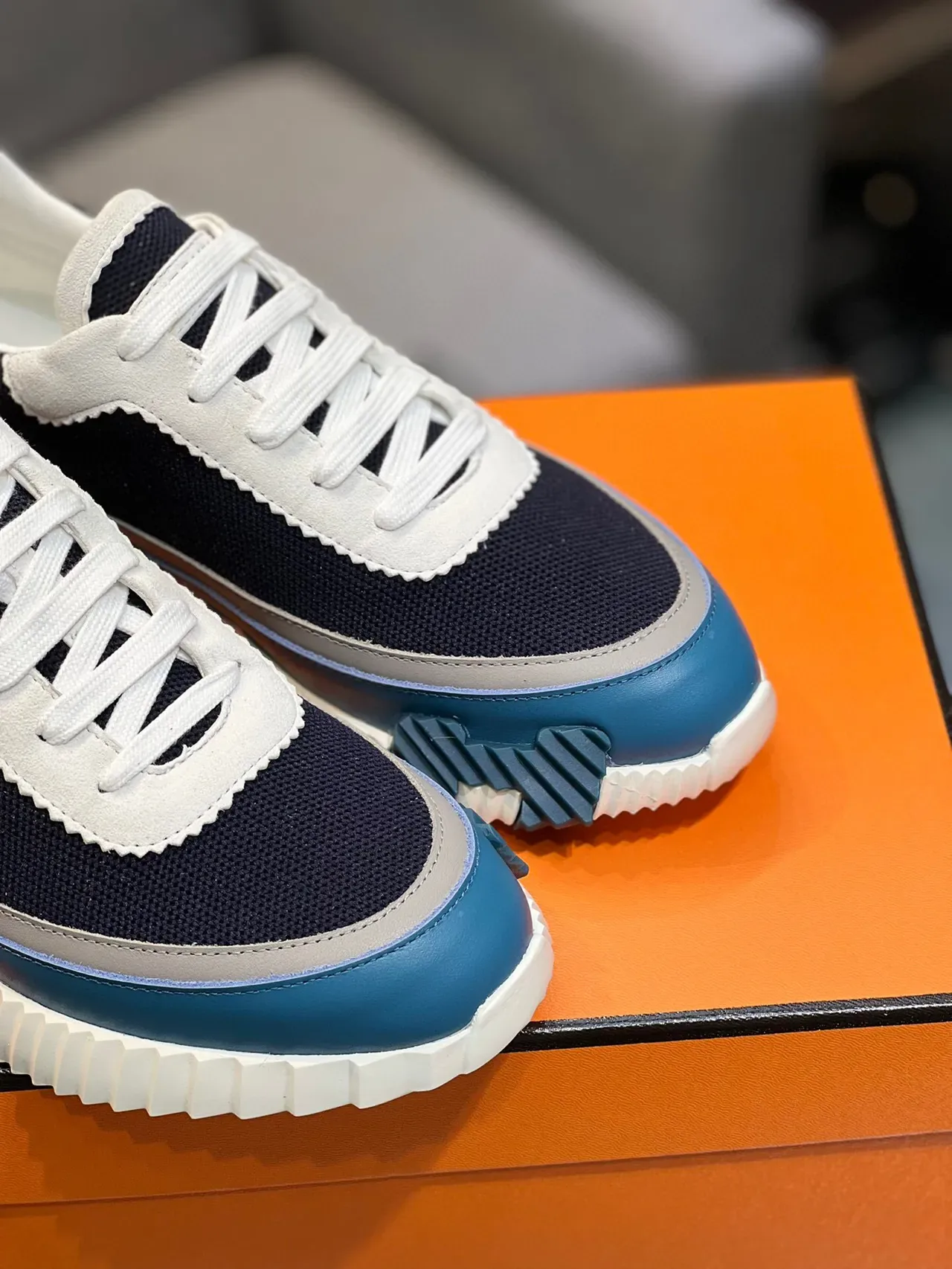 Hermès Navy White Mesh Upper Serrated Overlay Chunky Sneakers 8