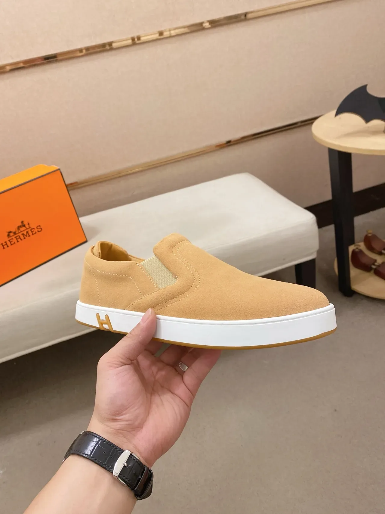 Hermès Oran Beige White Suede Upper Slip-On Construction Lifestyle Sneakers 4