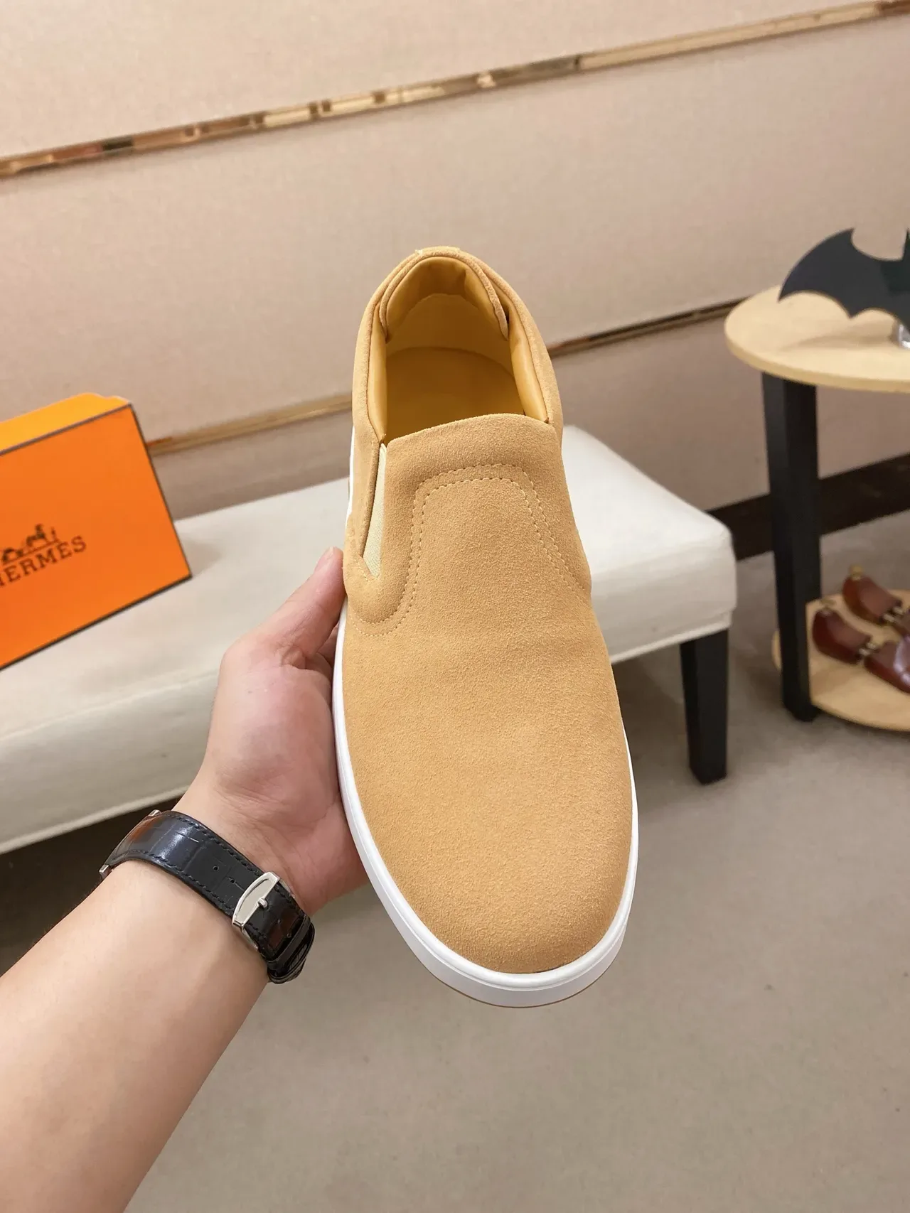 Hermès Oran Beige White Suede Upper Slip-On Construction Lifestyle Sneakers 5