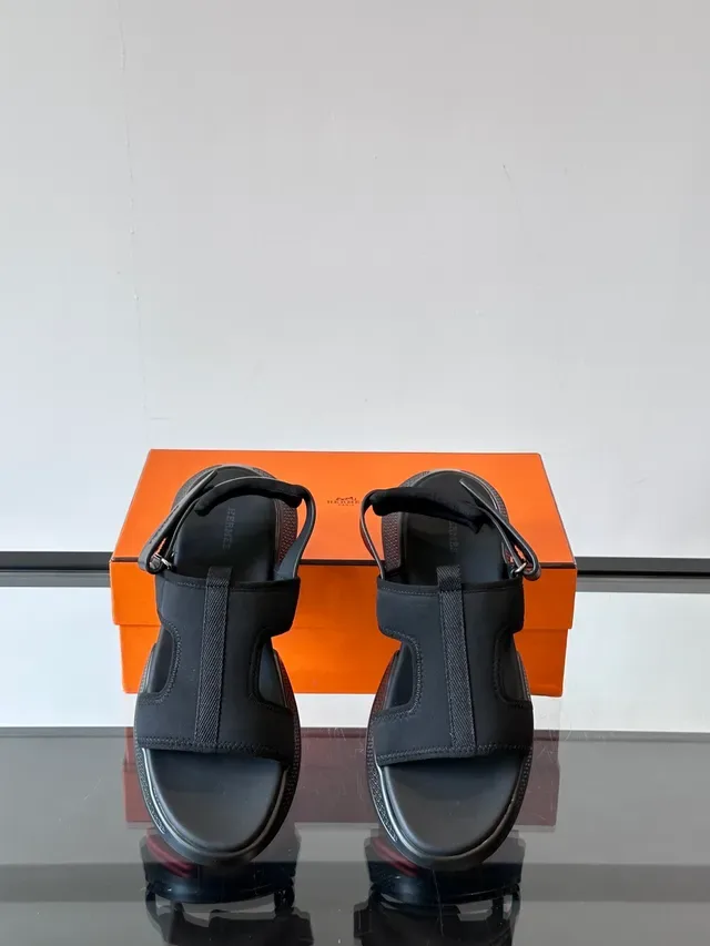 Hermès Oran Black Blue Chunky Platform Sole Multi-Strap T-Bar Design Casual Sandals 5