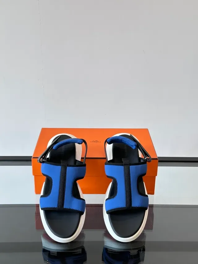 Hermès Oran Black Blue Chunky Platform Sole Multi-Strap T-Bar Design Casual Sandals 6