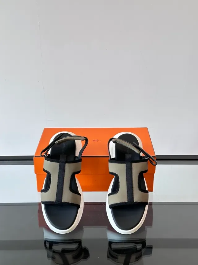 Hermès Oran Black Blue Chunky Platform Sole Multi-Strap T-Bar Design Casual Sandals 7
