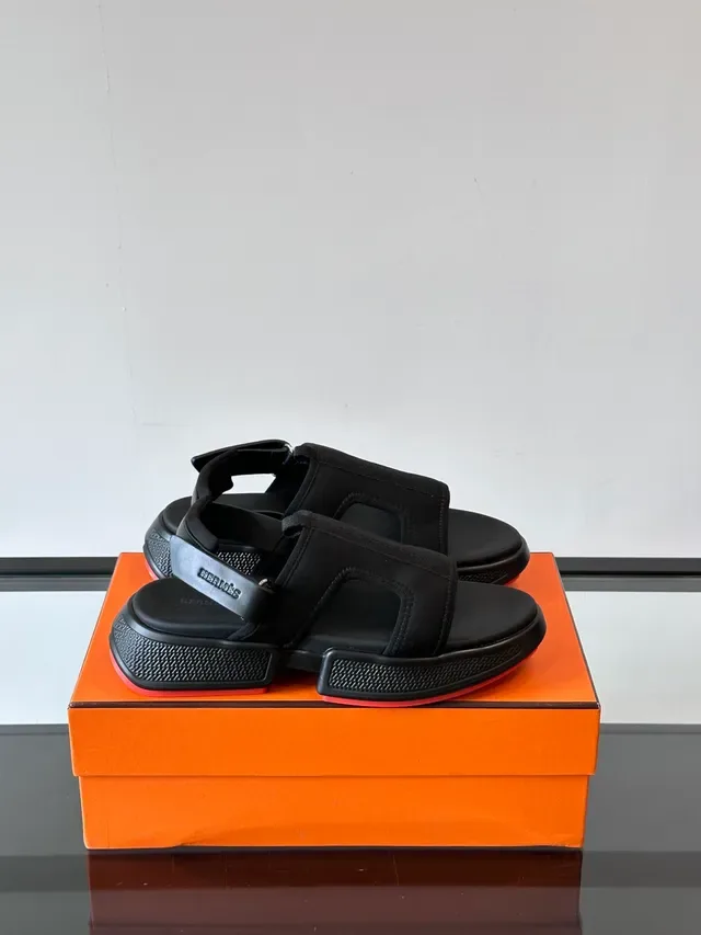 Hermès Oran Black Blue Chunky Platform Sole Multi-Strap T-Bar Design Casual Sandals 8