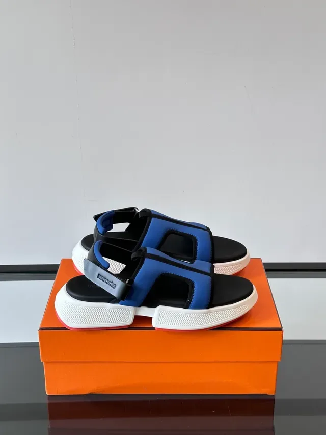 Hermès Oran Black Blue Chunky Platform Sole Multi-Strap T-Bar Design Casual Sandals 9