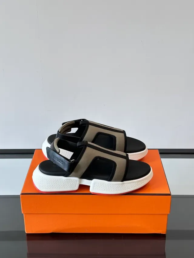 Hermès Oran Black Blue Chunky Platform Sole Multi-Strap T-Bar Design Casual Sandals 10