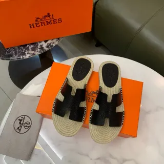 Hermès Oran Black Leather and Jute Espadrille Slippers