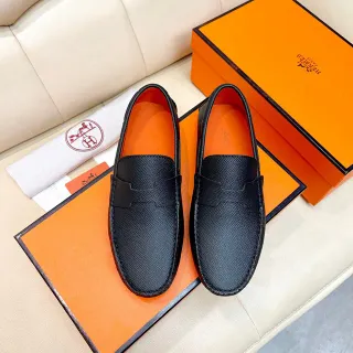 Hermès Oran Black Pebbled Leather Loafers