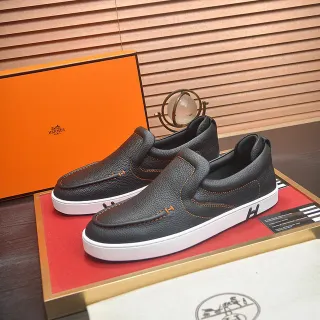 Hermès Oran Black White Pebbled Leather Rubber Sole Loafer