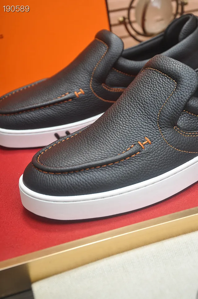 Hermès Oran Black White Pebbled Leather Rubber Sole Loafer 3