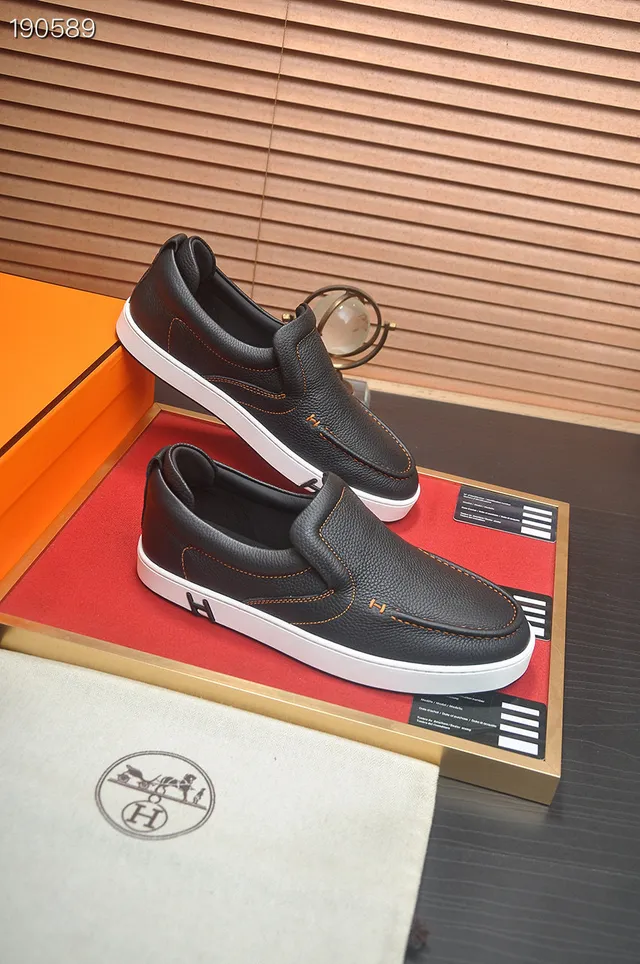 Hermès Oran Black White Pebbled Leather Rubber Sole Loafer 5