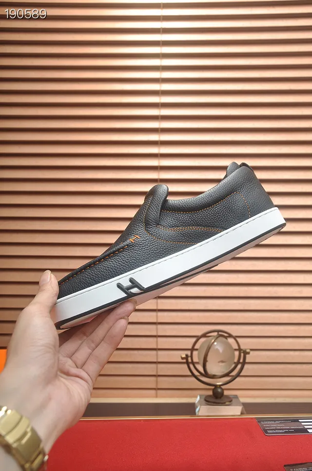 Hermès Oran Black White Pebbled Leather Rubber Sole Loafer 6