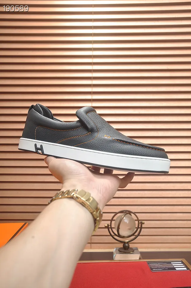 Hermès Oran Black White Pebbled Leather Rubber Sole Loafer 7