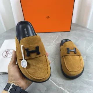 Hermès Oran Brown Black Suede Upper H-Logo Buckle Loafer