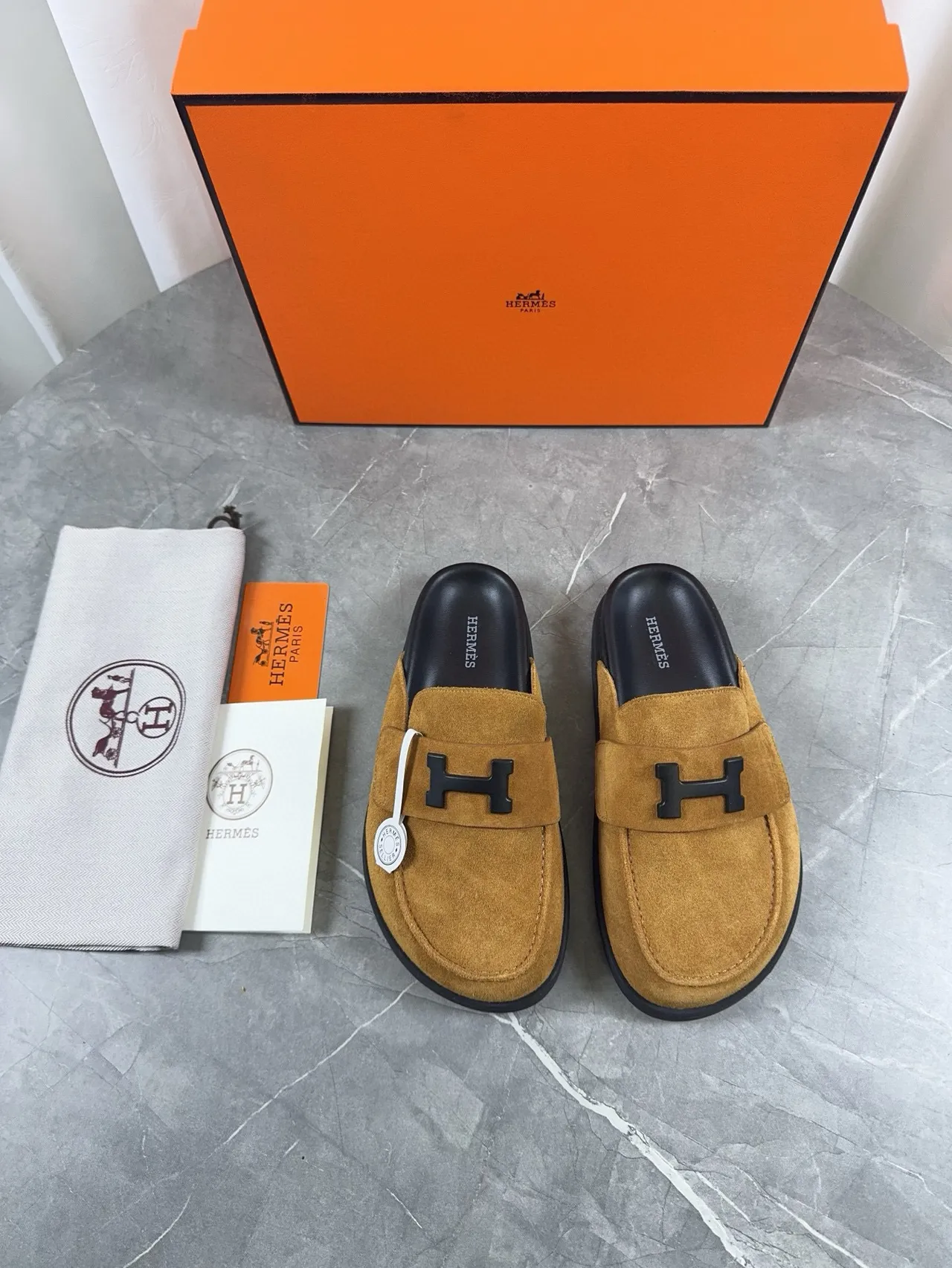 Hermès Oran Brown Black Suede Upper H-Logo Buckle Loafer 2