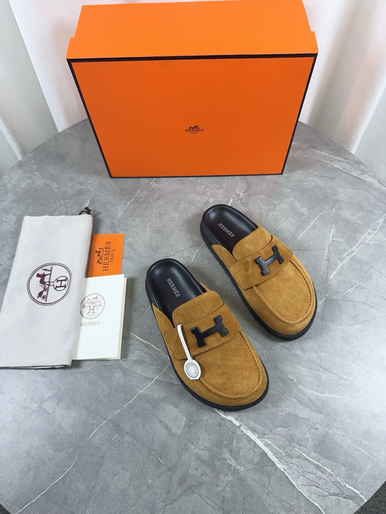 Hermès Oran Brown Black Suede Upper H-Logo Buckle Loafer 4