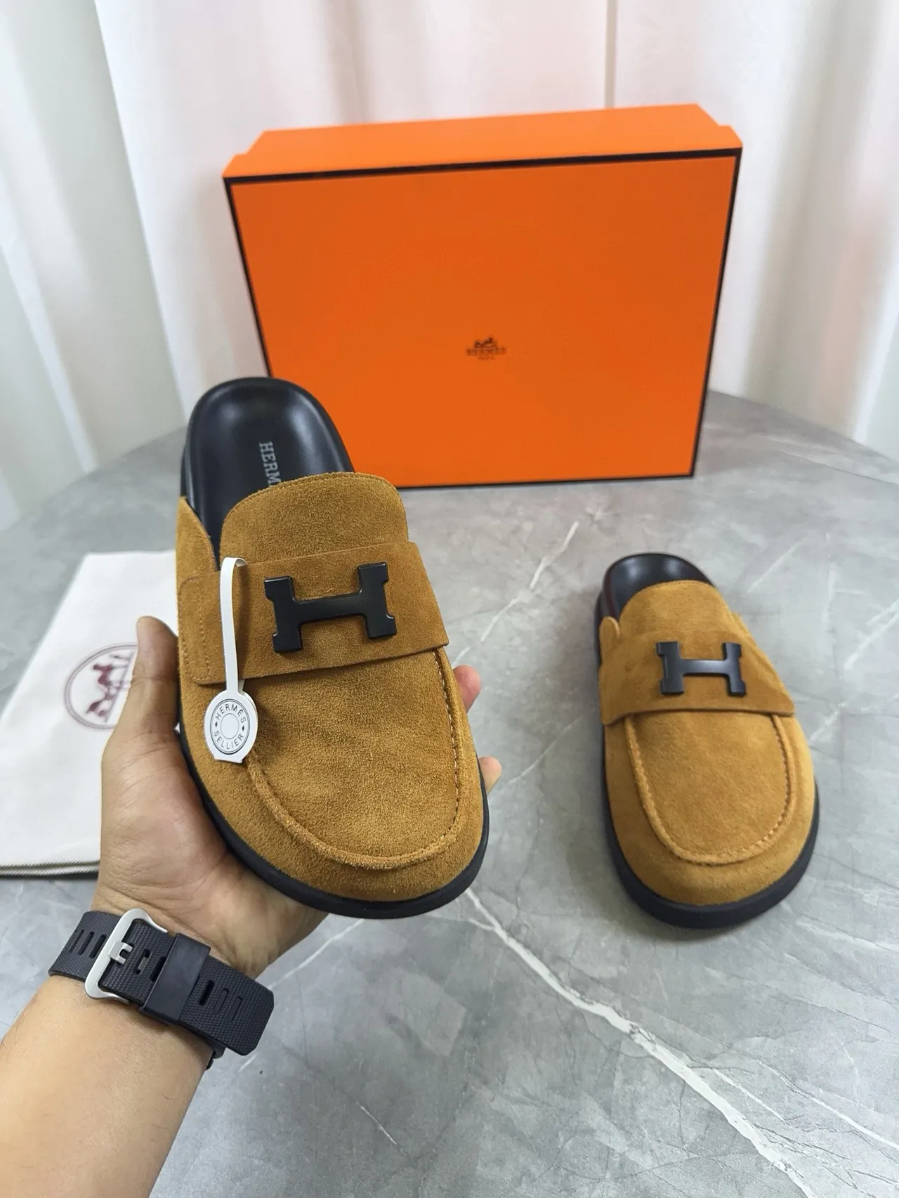 Hermès Oran Brown Black Suede Upper H-Logo Buckle Loafer 6