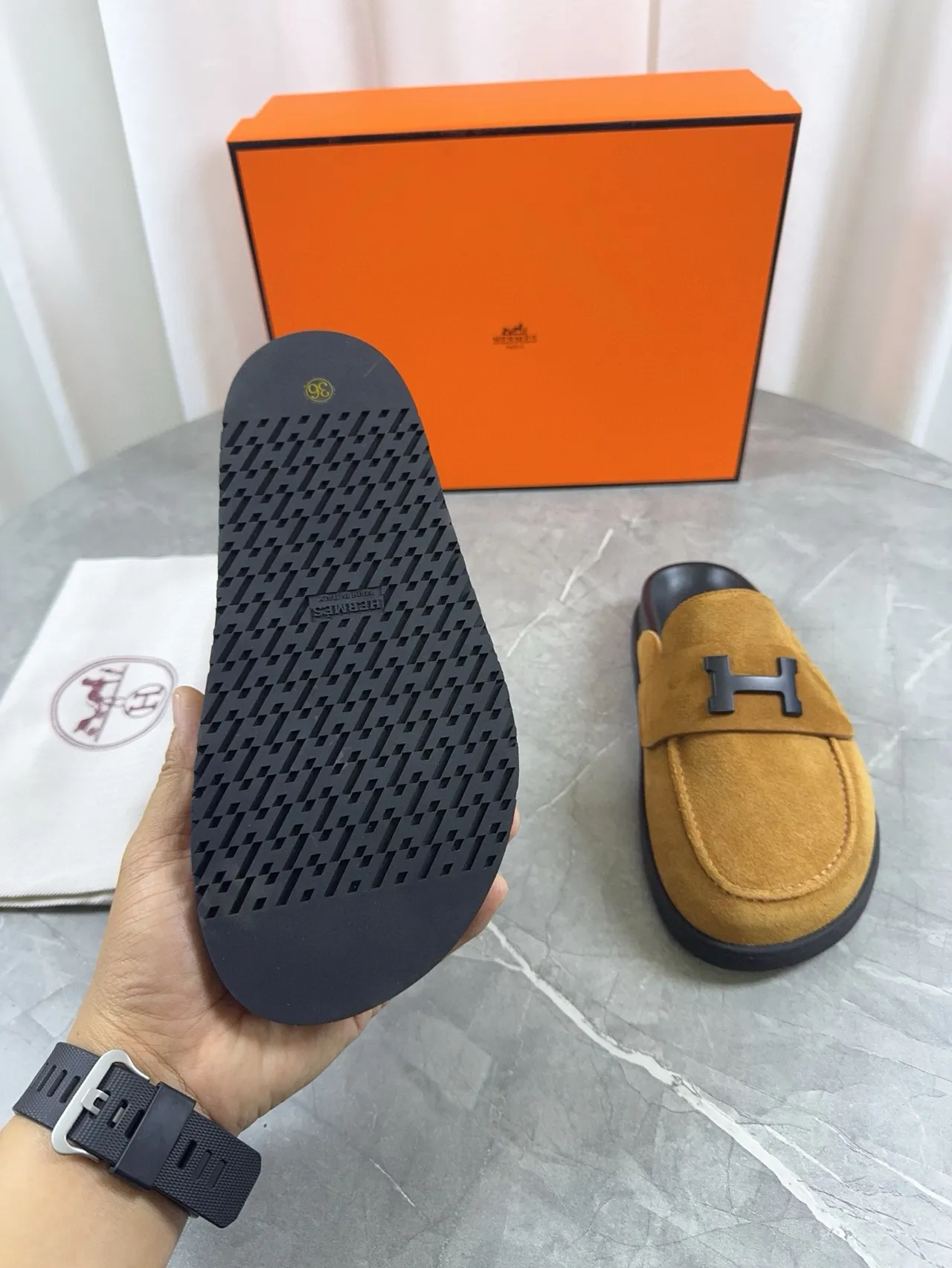 Hermès Oran Brown Black Suede Upper H-Logo Buckle Loafer 8