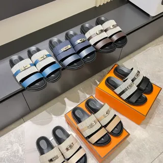 Hermès Oran Pantufas com Duas Tirantes Tecido Herringbone