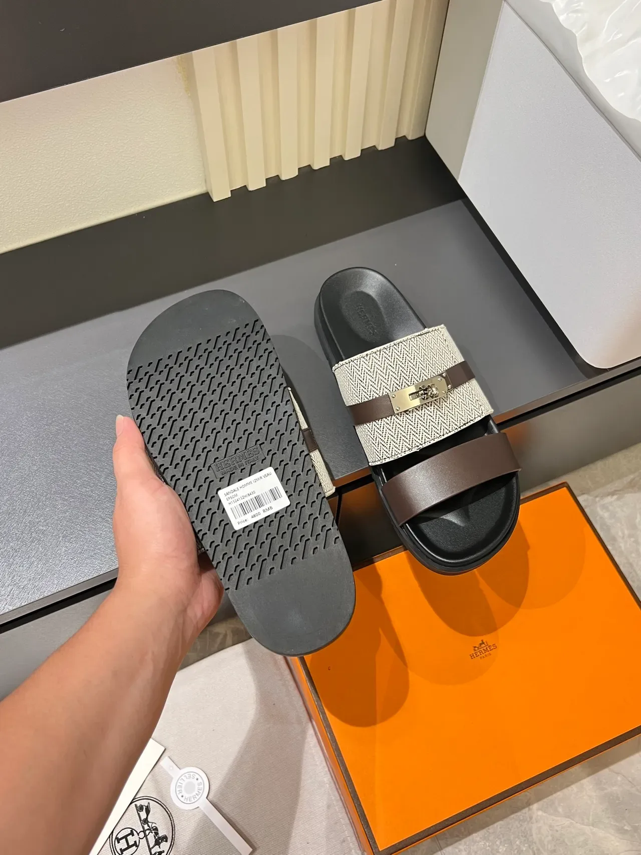Hermès Oran Double-Strap Woven Herringbone Slippers 2