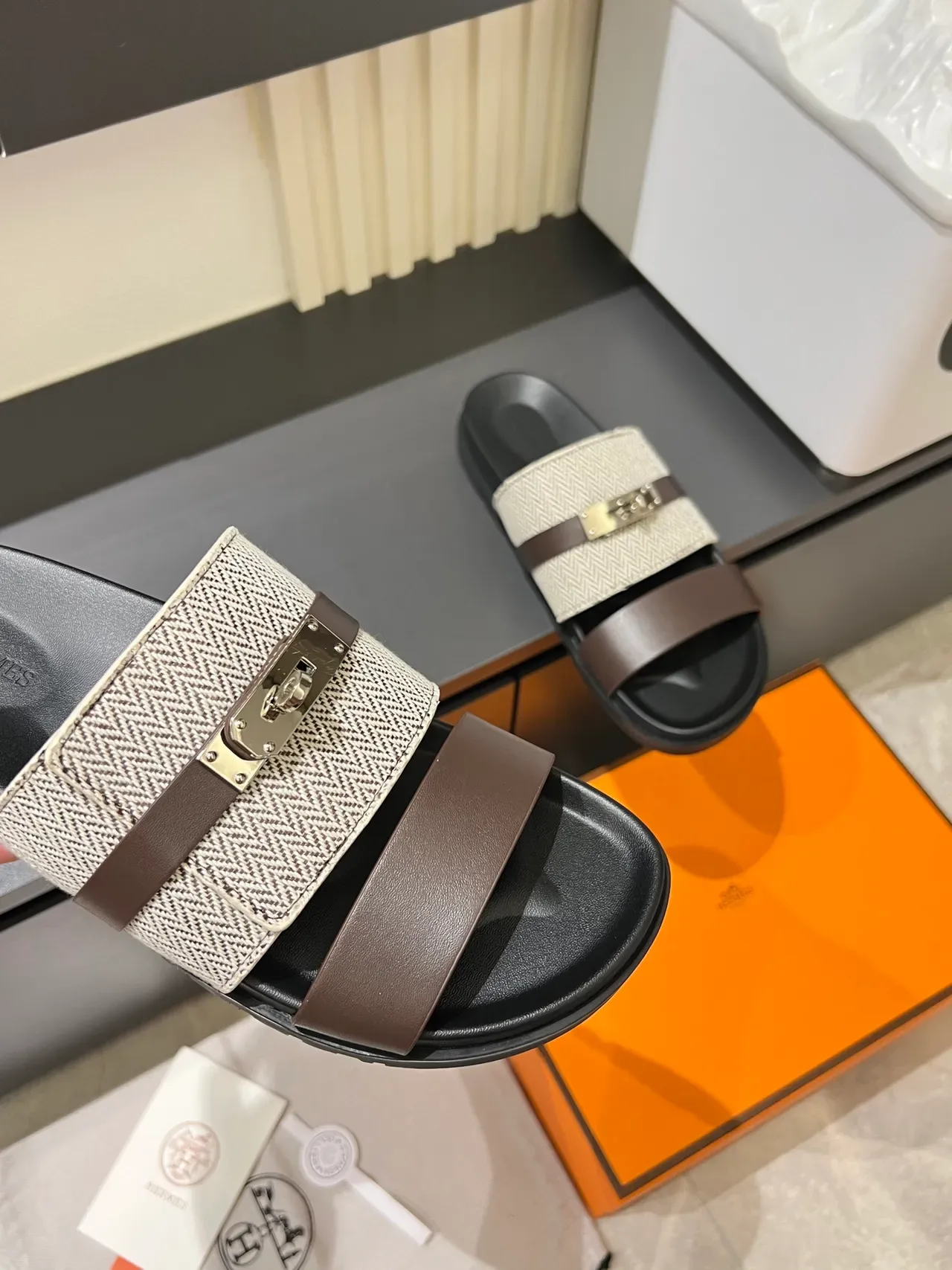 Hermès Oran Double-Strap Woven Herringbone Slippers 3