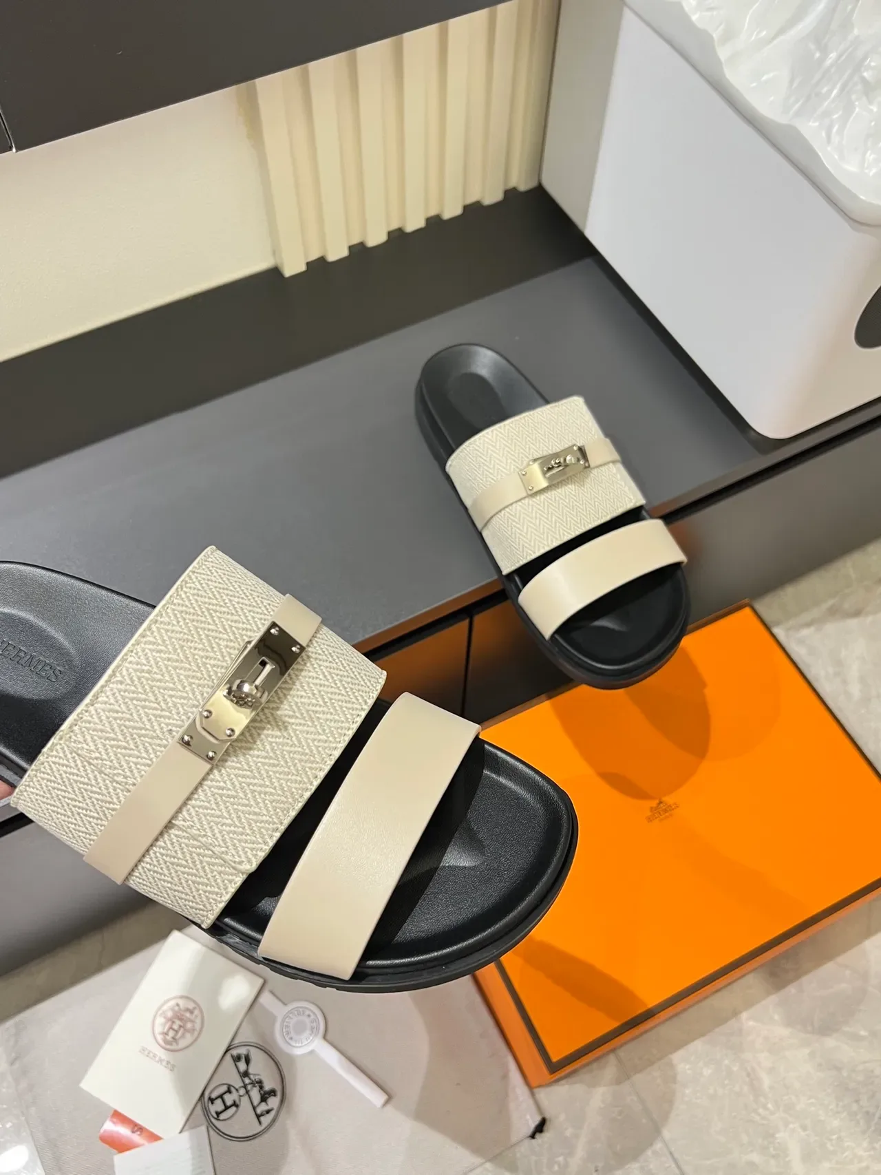 Hermès Oran Double-Strap Woven Herringbone Slippers 4