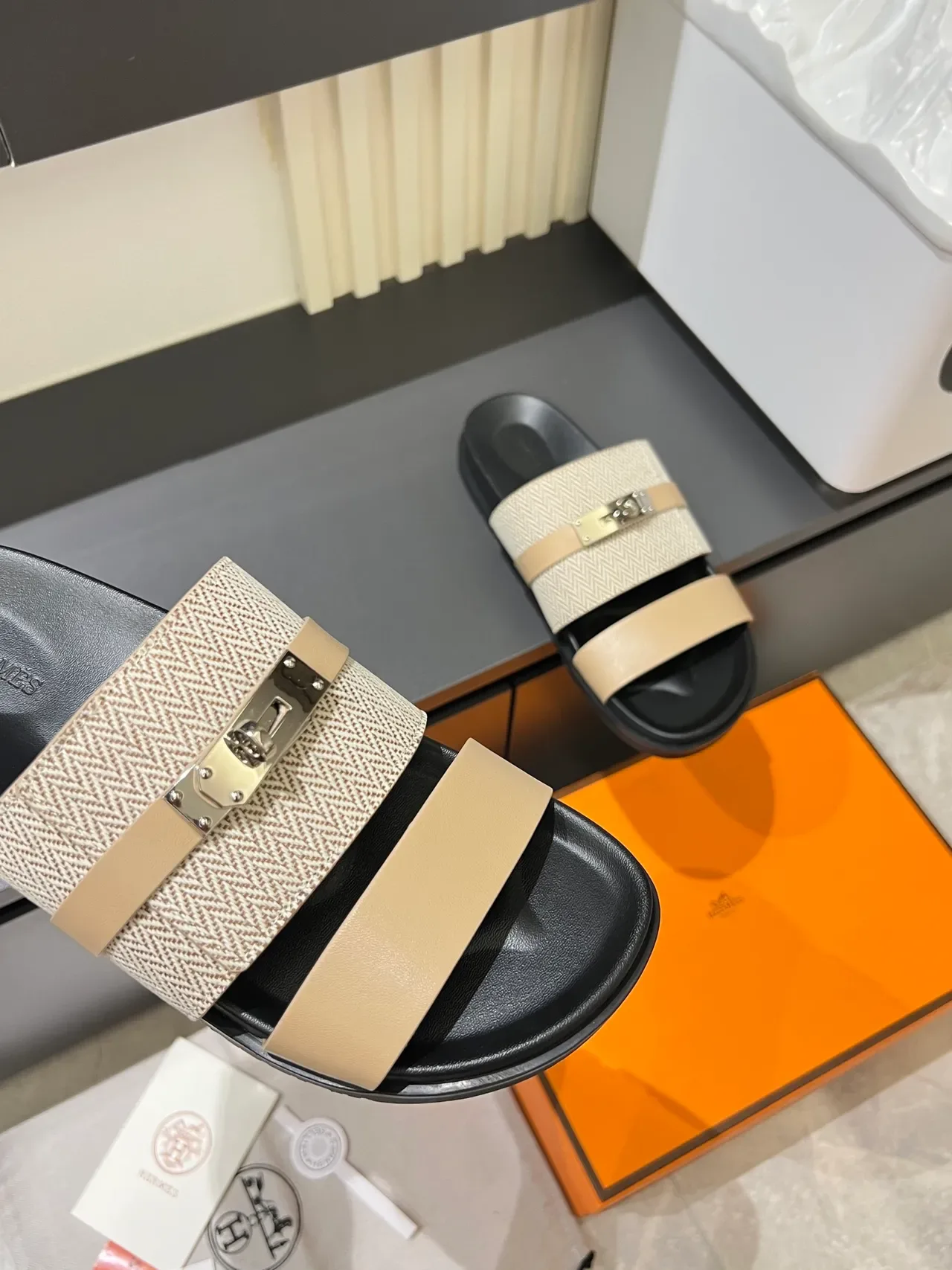 Hermès Oran Double-Strap Woven Herringbone Slippers 5