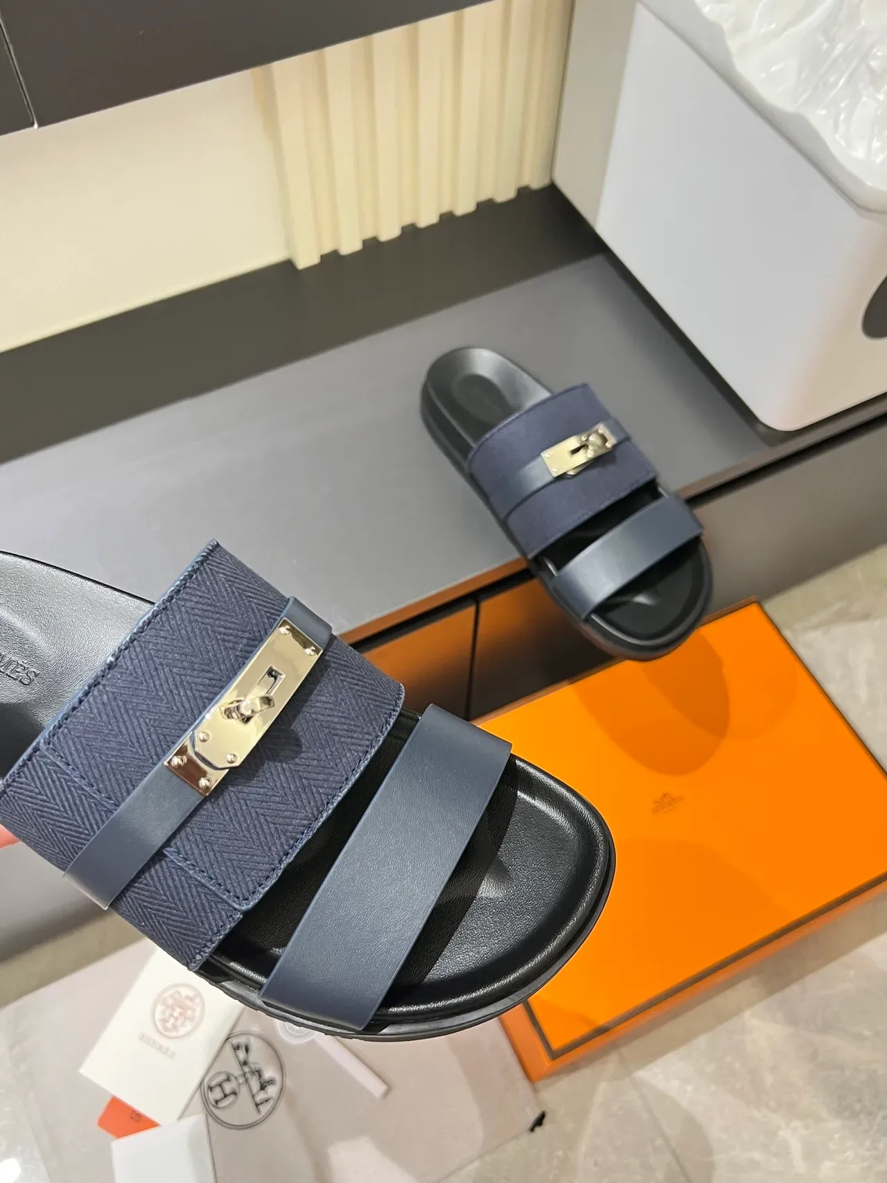 Hermès Oran Double-Strap Woven Herringbone Slippers 6
