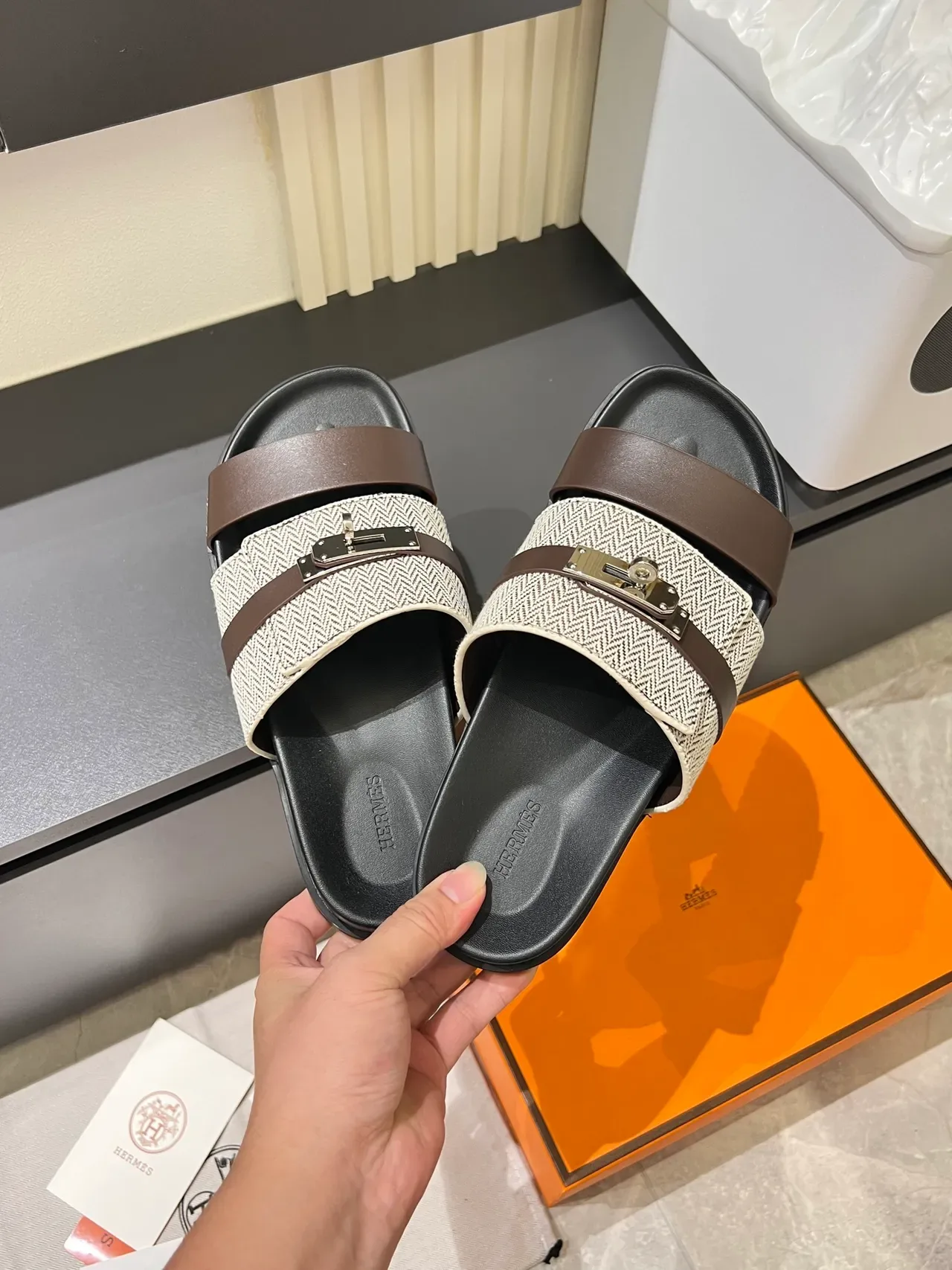 Hermès Oran Double-Strap Woven Herringbone Slippers 9