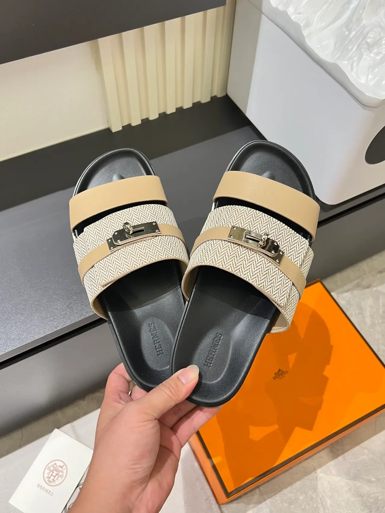 Hermès Oran Double-Strap Woven Herringbone Slippers 11