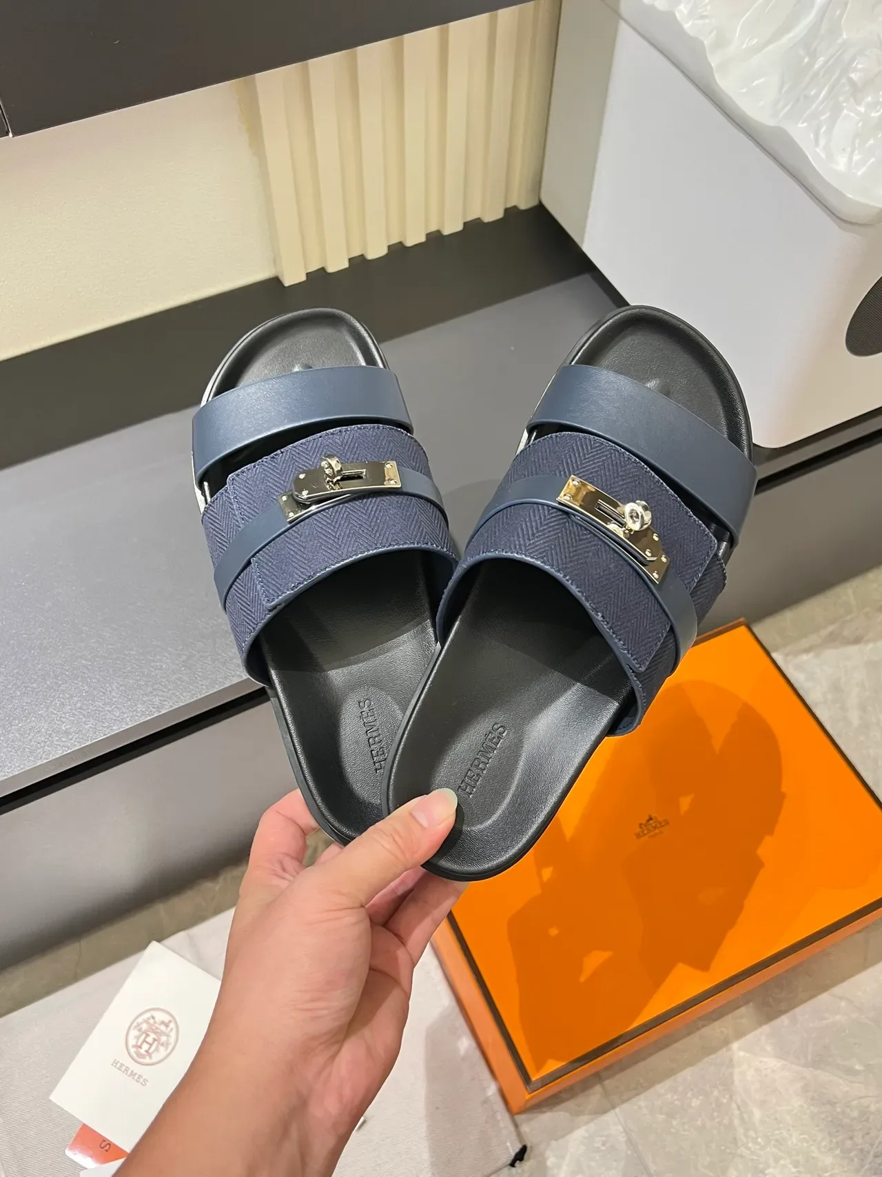 Hermès Oran Double-Strap Woven Herringbone Slippers 12