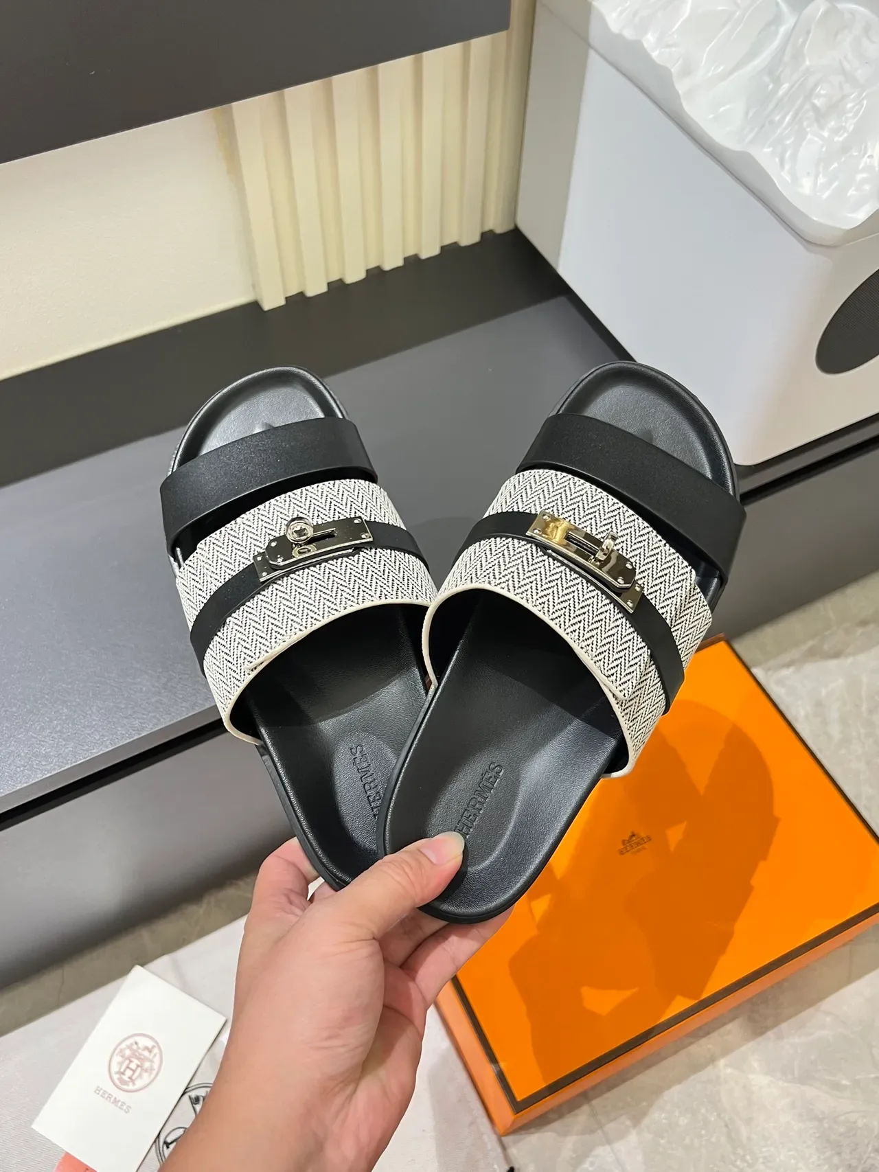 Hermès Oran Double-Strap Woven Herringbone Slippers 14
