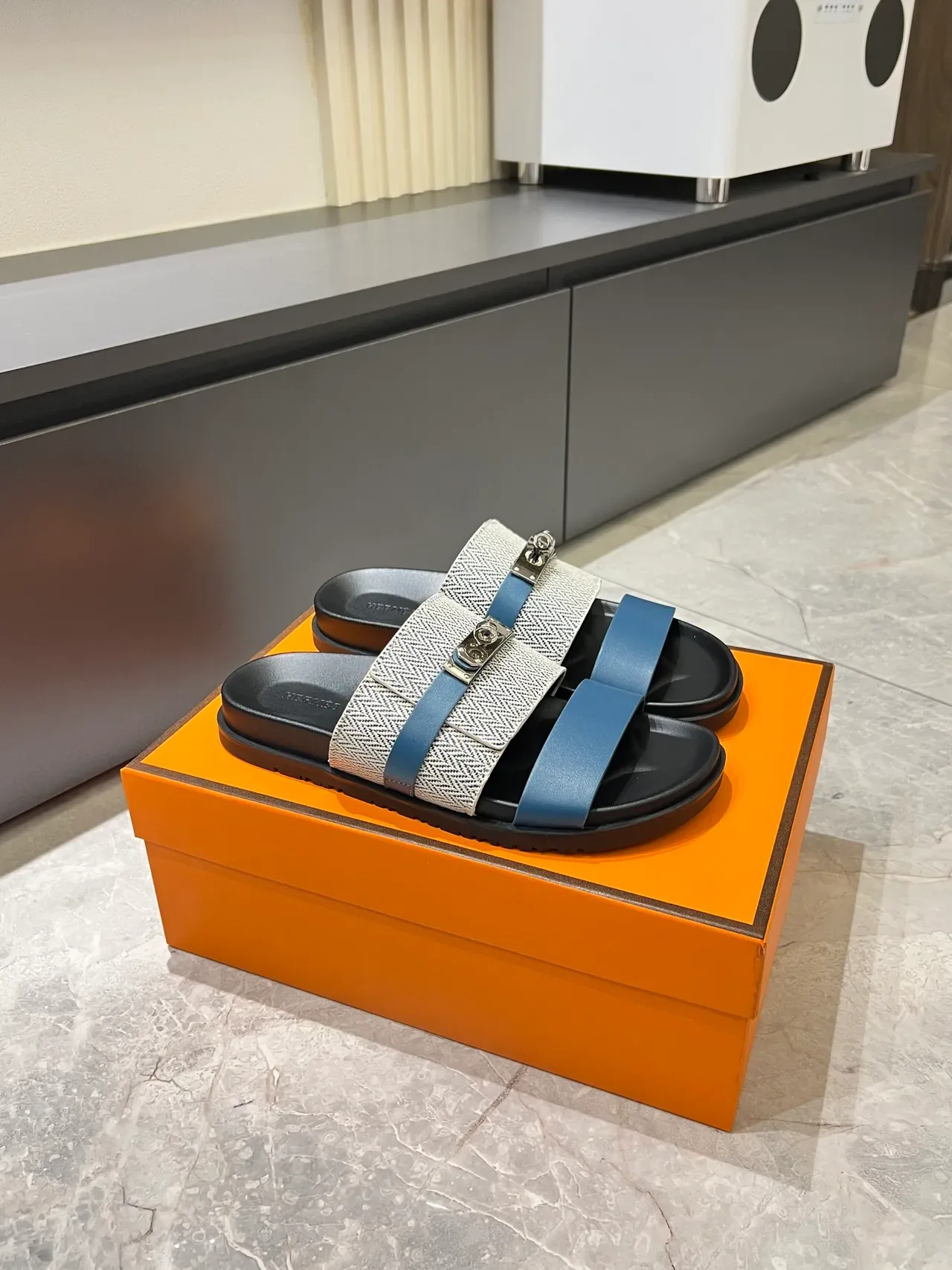 Hermès Oran Double-Strap Woven Herringbone Slippers 19