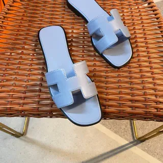Hermès Oran Light Blue and Silver H-Strap Slippers